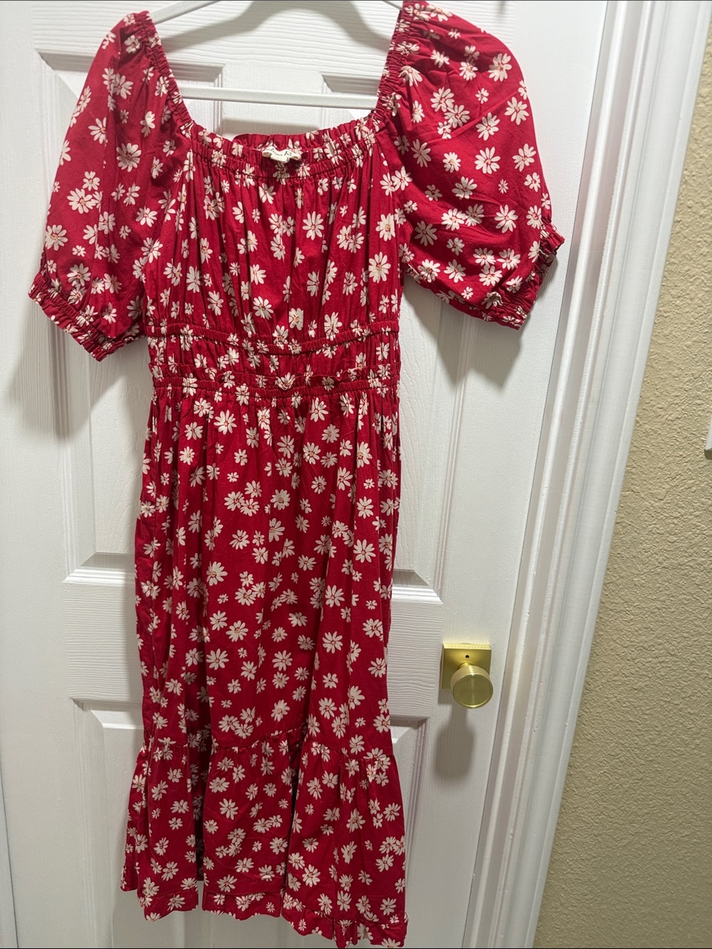 Girls Red Daisy Print Puff-Sleeve Midi Dress